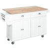 HOMCOM Rolling Kitchen Island Utility Cart, White, with Drop-Leaf, Rubber Wood Countertop