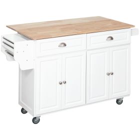 HOMCOM Rolling Kitchen Island Utility Cart, White, with Drop-Leaf, Rubber Wood Countertop