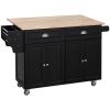 HOMCOM Rolling Kitchen Island, Black, with Drop-Leaf, Rubber Wood Countertop, Storage Drawers & Door Cabinets