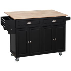 HOMCOM Rolling Kitchen Island, Black, with Drop-Leaf, Rubber Wood Countertop, Storage Drawers & Door Cabinets