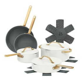 Beautiful 12-Piece Ceramic Nonstick Cookware Set with Strainer Lids – White Icing by Drew Barrymore