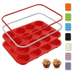 2 Pack 12 Cups Silicone Muffin Pan with Metal Reinforced Frame Regular Size Silicone Molds Cupcake Cake Baking Pans Cookie Baking Chocoflan Cupcake Mo
