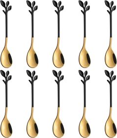 Elegant Black & Gold Leaf Espresso Spoons - 10-Piece, 4.7" Mini Stainless Steel Coffee & Dessert Tea Spoons, Perfect for Demitasse & Small Servings