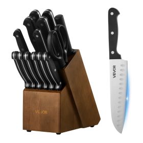 VEVOR Kitchen Knife Set with Block and Sharpener, 15 Piece German High Carbon Stainless Steel Knife Set, Kitchen Cutlery with ABS Ergonomic Handle