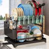 Dish Rack, 2 Tier Utensil Holder, Rustproof Dish Drying Rack with Drainboard and Utensil Holder for Kitchen Countertop, Kitchen Accessories (Black)