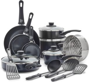 Soft Grip 16 Piece Cookware Set, Non-Toxic PFAS-Free Ceramic Nonstick, Frying, Sauce, Saute, Utensils, Glass Lids, Stay-Cool Handles, Wobble Free