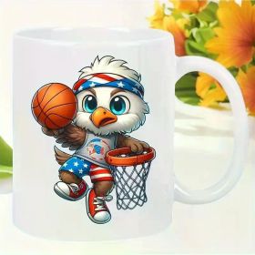11oz Patriotic Eagle Basketball Ceramic Mug – Microwave & Oven Safe, Reusable Coffee Cup with Cartoon Design, Perfect