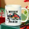 1pc 11oz "Wishin' I Was Fishin'" Ceramic Mug – Large Durable Coffee Cup with Fun Fishing Design, Microwave Safe,