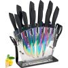 16 Pieces Rainbow Titanium Coating Cutlery Set No Rust Knife Block with Serrated Steak Knives