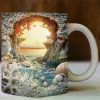 1pc 11oz Ceramic Mug with Vibrant 3D Beach Landscape Design – Handcrafted White Mug, Microwave Safe, Perfect