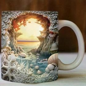 1pc 11oz Ceramic Mug with Vibrant 3D Beach Landscape Design – Handcrafted White Mug, Microwave Safe, Perfect