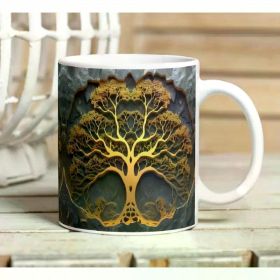 1pc 11oz Golden Tree of Life Ceramic Mug - White with Black & Golden Spiritual Design, Hand Wash Only, Microwave &