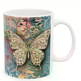 1pc 11oz Floral Butterfly Ceramic Mug – Vibrant Nature-Inspired Design, Hand Wash Only, Microwave & Dishwasher