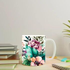 1pc 11oz White Ceramic Mug with Vibrant Spring Floral Design – Hand Wash Only, Microwave &