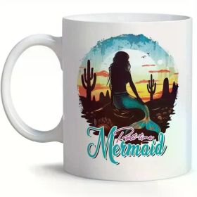 1pc White Ceramic Mermaid Mug - Desert Sunset Design, 11oz Insulated Coffee Cup, Microwave &