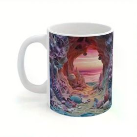 1pc 11oz Vibrant Beach Landscape Ceramic Mug – 3D Printed Design, Microwave & Dishwasher Safe, Perfect for Coffee or