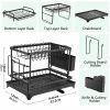 Dish Rack, 2 Tier Utensil Holder, Rustproof Dish Drying Rack with Drainboard and Utensil Holder for Kitchen Countertop, Kitchen Accessories (Black)