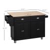HOMCOM Rolling Kitchen Island, Black, with Drop-Leaf, Rubber Wood Countertop, Storage Drawers & Door Cabinets