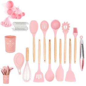 33pcs Set Wooden Handle Silicone Kitchen Utensils 33 Pieces Set Silicone Spoon Shovel Kitchen Gadgets Set Silicone Kitchen Utensils (Color: Purple)