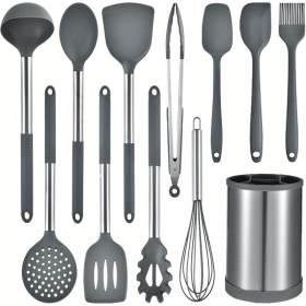 seKitchen Cooking Utensils Set, 12-piece Kitchen Utensils Set Non-stick Cooking Set Heat-resistant, BPA-Free, Silicone Handle Kitchen Tools (Color: Grey)