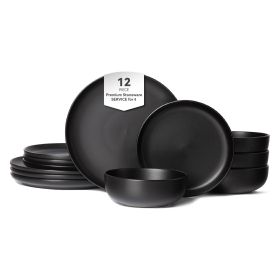 12-Piece Stoneware Dinner Plates Bowls Sets | Microwave & Dishwasher Safe | FDA Certified Non-Toxic Dinner Plates Bowls Set | Stackable Matte Glaze Ki (Main Color: Black, Main Material: Stone)