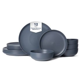 12-Piece Stoneware Dinner Plates Bowls Sets | Microwave & Dishwasher Safe | FDA Certified Non-Toxic Dinner Plates Bowls Set | Stackable Matte Glaze Ki (Main Color: Blue, Main Material: Stone)