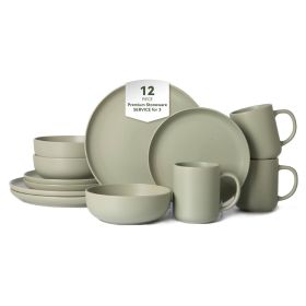 12-Piece Stoneware Dinnerware Sets with Mugs | Microwave & Dishwasher Safe | FDA Certified Non-Toxic Dinner Plates Bowls Set | Stackable Matte Glaze K (Main Color: Green, Main Material: Stone)