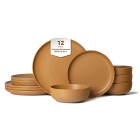 12-Piece Stoneware Dinner Plates Bowls Sets | Microwave & Dishwasher Safe | FDA Certified Non-Toxic Dinner Plates Bowls Set | Stackable Matte Glaze Ki (Main Color: Orange, Main Material: Stone)