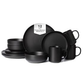 12-Piece Stoneware Dinnerware Sets with Mugs | Microwave & Dishwasher Safe | FDA Certified Non-Toxic Dinner Plates Bowls Set | Stackable Matte Glaze K (Main Color: Black, Main Material: Stone)