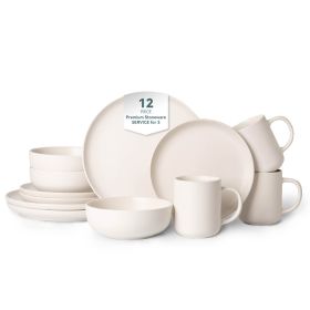 12-Piece Stoneware Dinnerware Sets with Mugs | Microwave & Dishwasher Safe | FDA Certified Non-Toxic Dinner Plates Bowls Set | Stackable Matte Glaze K (Main Color: White, Main Material: Stone)