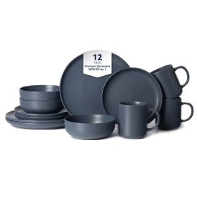 12-Piece Stoneware Dinnerware Sets with Mugs | Microwave & Dishwasher Safe | FDA Certified Non-Toxic Dinner Plates Bowls Set | Stackable Matte Glaze K (Main Color: Blue, Main Material: Stone)
