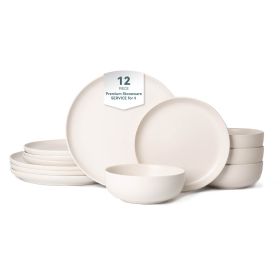 12-Piece Stoneware Dinner Plates Bowls Sets | Microwave & Dishwasher Safe | FDA Certified Non-Toxic Dinner Plates Bowls Set | Stackable Matte Glaze Ki (Main Color: White, Main Material: Stone)