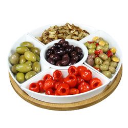 Elama Signature 12 1/4 Inch 6-Piece Lazy Susan Appetizer and Condiment Server Set with 5 Serving Dishes and a Bamboo Lazy Suzan Serving Tray (SKU: EL-179)
