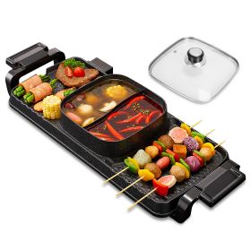 2 in 1 Electric Hot Pot with Grill 2800W Smokeless Non-Stick Korean BBQ Grill Shabu Shabu Hot Pot Combo with Independent Temperature Control 5 Gears F (Color: Black)